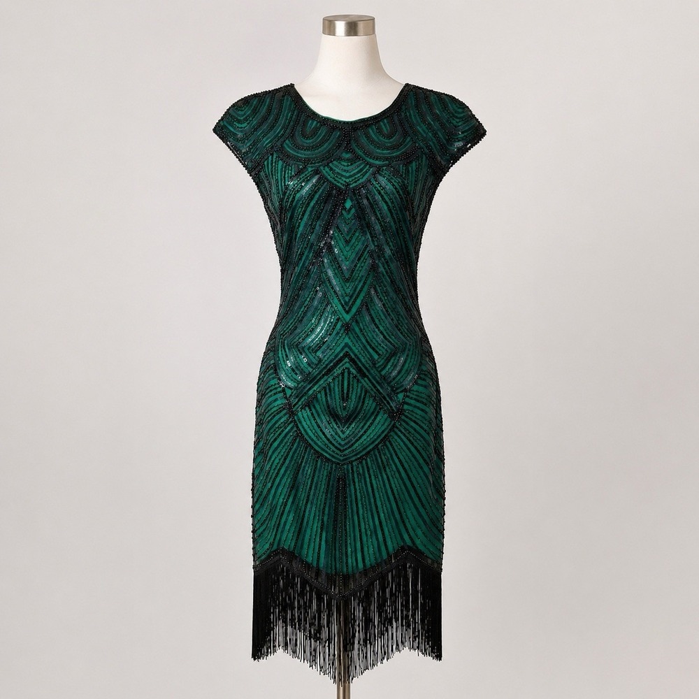 Babeyond 1920's Gatsby Flapper Dress‎ Sz M Green Beaded Fringed Sequin Art Deco